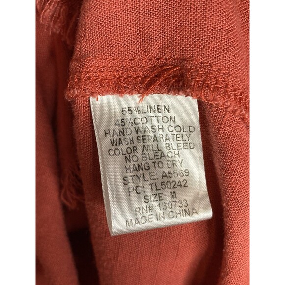 Umgee Linen Blend Top Size M Rust Burnt Orange Short Sleeve Raw Frayed Hem Boho - Picture 8 of 8